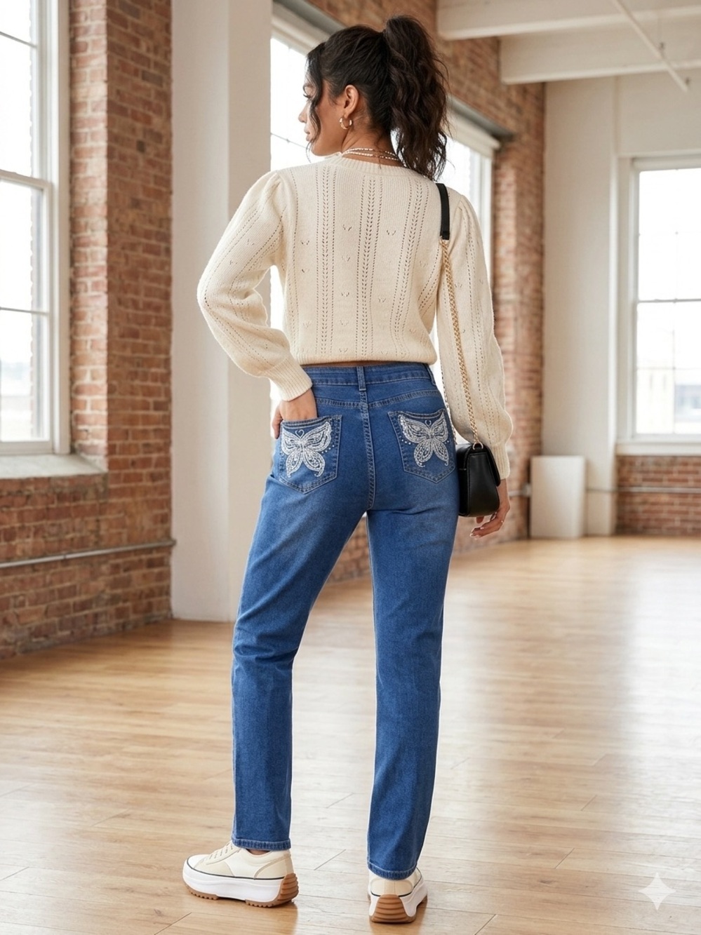 Bamboo Butterfly Embroidery Embellished High Rise Whiskered Straight Jeans 15/16